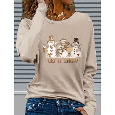 Women Christmas Snowman Long Sleeve Tee T-shirt Crew Neck Printing Casual Spring/Fall Graphic Tee Top