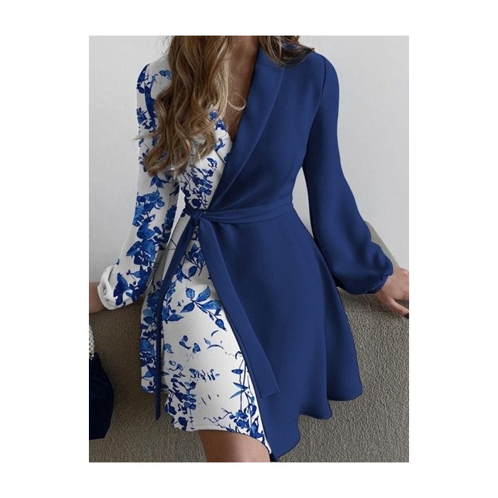 Women Floral Long Sleeve Spring/Fall Printing Dress V Neck Daily Vintage Mini Hip Skirt A-Line Dress