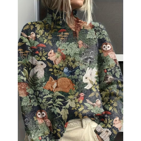 Women Floral Printing Spring/Fall Vintage Long Sleeve Turtleneck Sweater