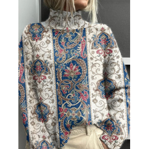 Women Floral Printing Spring/Fall Vintage Long Sleeve Turtleneck Sweater