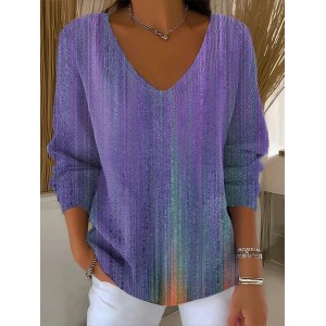 Women Abstract Long Sleeve Tee T-shirt V Neck Printing Casual Spring/Fall Top