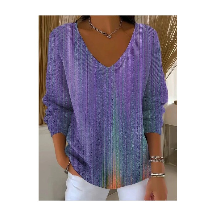 Women Abstract Long Sleeve Tee T-shirt V Neck Printing Casual Spring/Fall Top