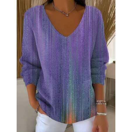 Women Abstract Long Sleeve Tee T-shirt V Neck Printing Casual Spring/Fall Top