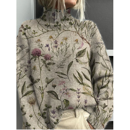 Women Floral Printing Spring/Fall Vintage Long Sleeve Turtleneck Sweater