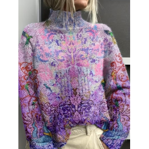 Women Floral Printing Spring/Fall Vintage Long Sleeve Turtleneck Sweater