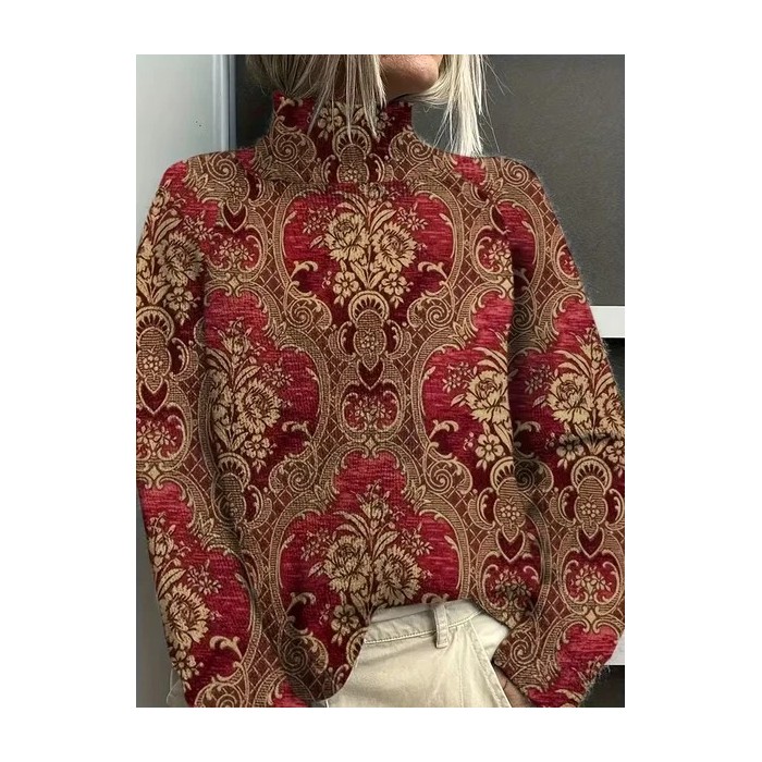 Women Floral Printing Spring/Fall Vintage Long Sleeve Turtleneck Sweater
