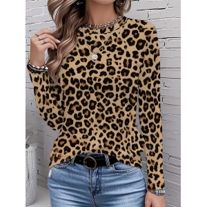 Women Leopard Long Sleeve Tee T-shirt Crew Neck Printing Casual Spring/Fall Graphic Tee Top
