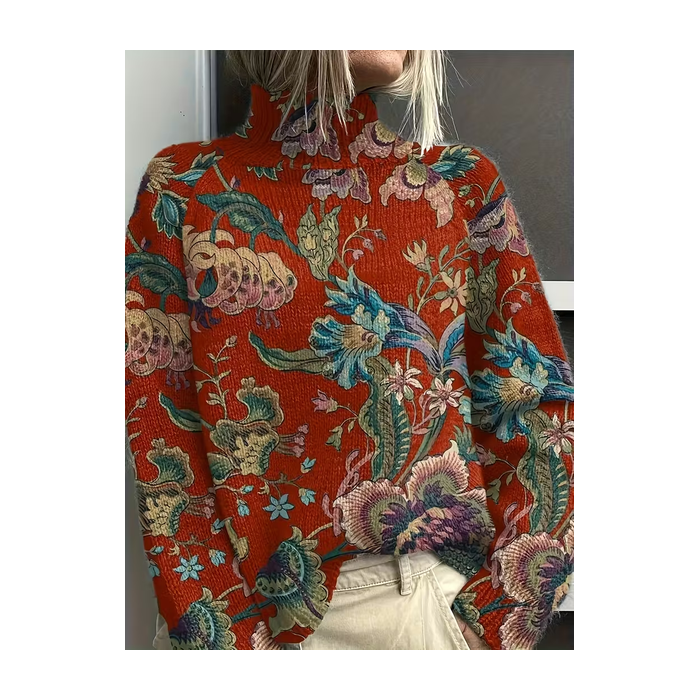 Women Floral Printing Spring/Fall Vintage Long Sleeve Turtleneck Sweater