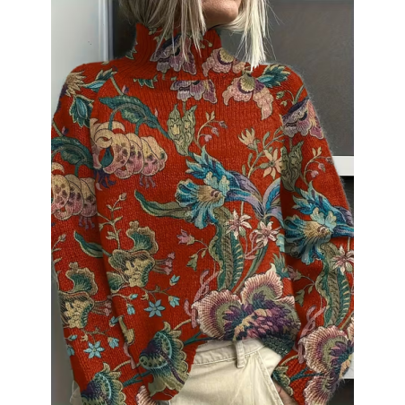 Women Floral Printing Spring/Fall Vintage Long Sleeve Turtleneck Sweater