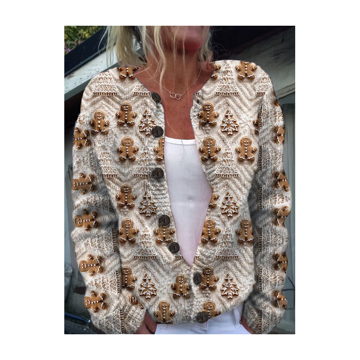 Women Christmas Printing Long Sleeve Crew Neck Vintage Spring/Fall Cardigan Outerwear