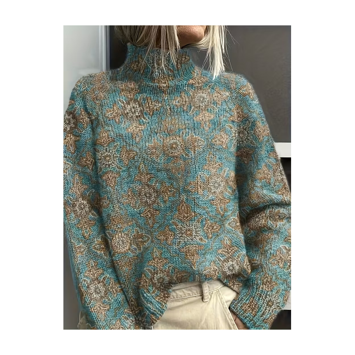 Women Floral Printing Spring/Fall Vintage Long Sleeve Turtleneck Sweater