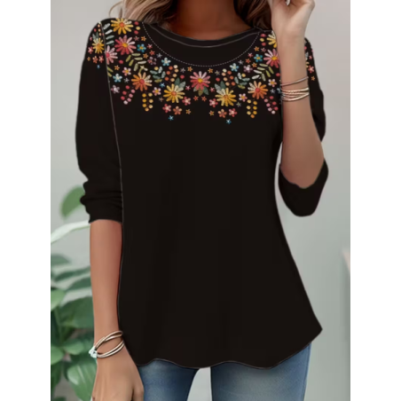 Women Floral Long Sleeve Tee T-shirt Crew Neck Casual Spring/Fall Tunic Top