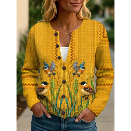 Women Bird Printing Long Sleeve Crew Neck Vintage Spring/Fall Cardigan Outerwear