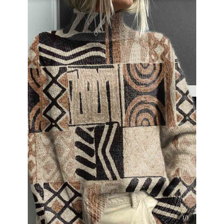 Women Geometric Printing Spring/Fall Vintage Long Sleeve Turtleneck Sweater