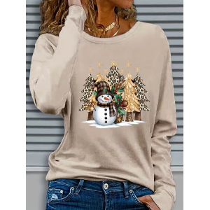 Women Christmas Snowman Long Sleeve Tee T-shirt Crew Neck Printing Casual Spring/Fall Graphic Tee Top