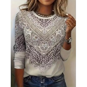 Women Abstract Long Sleeve Tee T-shirt Crew Neck Printing Casual Spring/Fall Graphic Tee Top