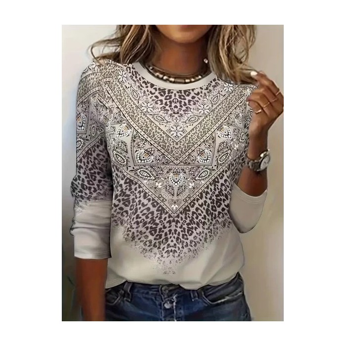 Women Abstract Long Sleeve Tee T-shirt Crew Neck Printing Casual Spring/Fall Graphic Tee Top