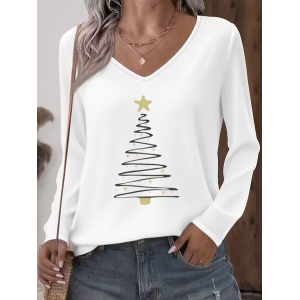 Women Christmas Long Sleeve Tee T-shirt V Neck Printing Casual Spring/Fall Graphic Tee Top