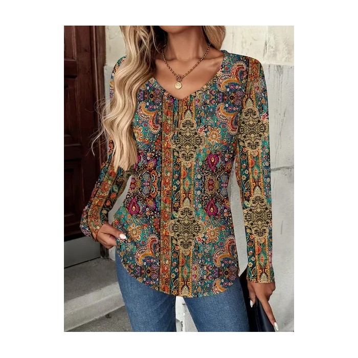Women Floral Long Sleeve Tee T-shirt V Neck Printing Casual Spring/Fall Graphic Tee Top