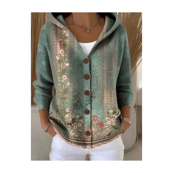 Women Floral Printing Long Sleeve Hoodie Casual Spring/Fall Cardigan Outerwear