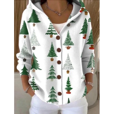 Women Christmas Printing Long Sleeve Hoodie Casual Spring/Fall Cardigan Outerwear