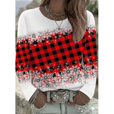 Women Plaid Long Sleeve Tee T-shirt Crew Neck Printing Casual Spring/Fall Graphic Tee Top