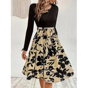 Women Floral Long Sleeve Spring/Fall Printing Dress Crew Neck Daily Vintage Mini Tank A-Line Dress