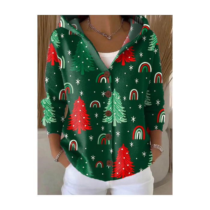 Women Christmas Printing Long Sleeve Hoodie Casual Spring/Fall Cardigan Outerwear
