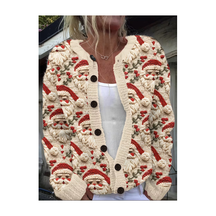 Women Santa Claus Printing Long Sleeve Crew Neck Vintage Spring/Fall Cardigan Outerwear