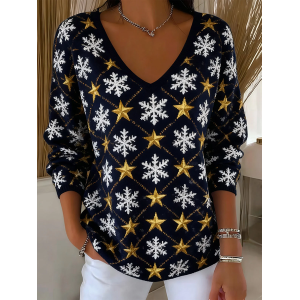 Women Star Long Sleeve Tee T-shirt V Neck Printing Casual Spring/Fall Top