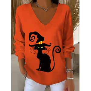 Women Cat Long Sleeve Tee T-shirt V Neck Printing Casual Spring/Fall Top