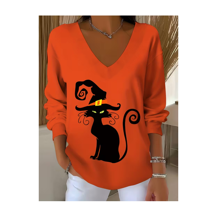 Women Cat Long Sleeve Tee T-shirt V Neck Printing Casual Spring/Fall Top