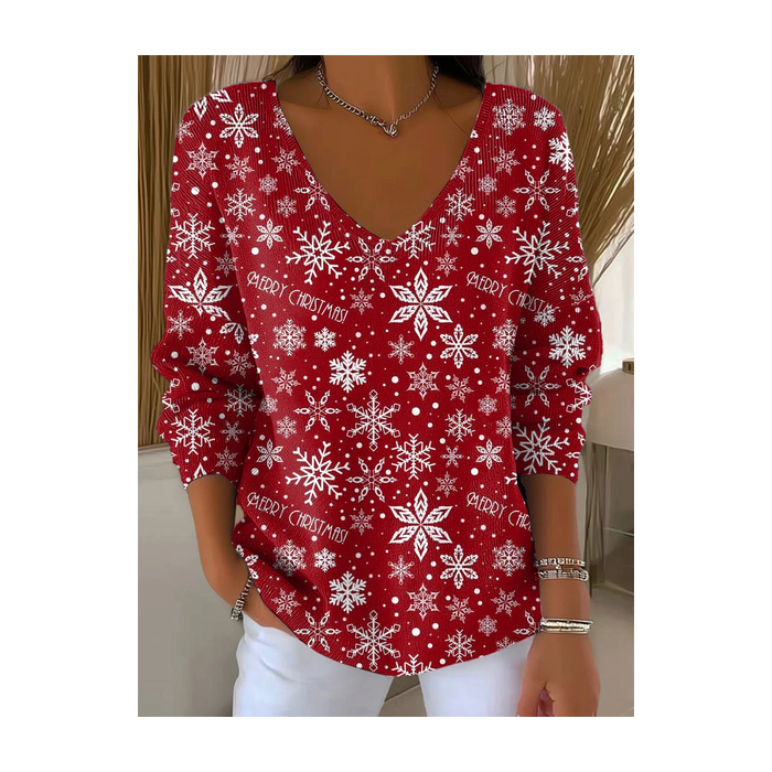 Women Christmas Long Sleeve Tee T-shirt V Neck Printing Casual Spring/Fall Top