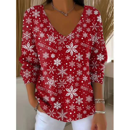 Women Christmas Long Sleeve Tee T-shirt V Neck Printing Casual Spring/Fall Top