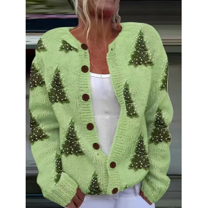 Women Christmas Printing Long Sleeve Crew Neck Vintage Spring/Fall Cardigan Outerwear