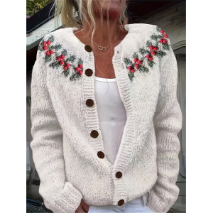 Women Floral Printing Long Sleeve Crew Neck Vintage Spring/Fall Cardigan Outerwear