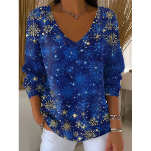 Women Christmas Long Sleeve Tee T-shirt V Neck Printing Casual Spring/Fall Top