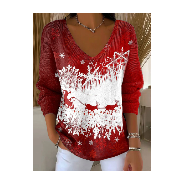 Women Christmas Long Sleeve Tee T-shirt V Neck Printing Casual Spring/Fall Top
