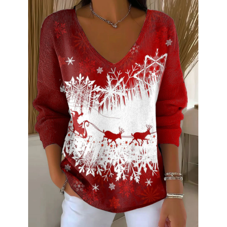 Women Christmas Long Sleeve Tee T-shirt V Neck Printing Casual Spring/Fall Top