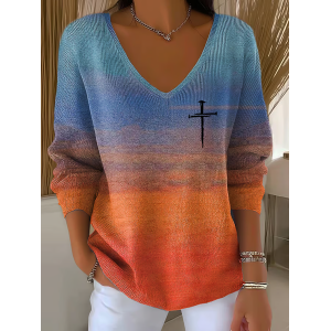 Women Abstract Long Sleeve Tee T-shirt V Neck Printing Casual Spring/Fall Top