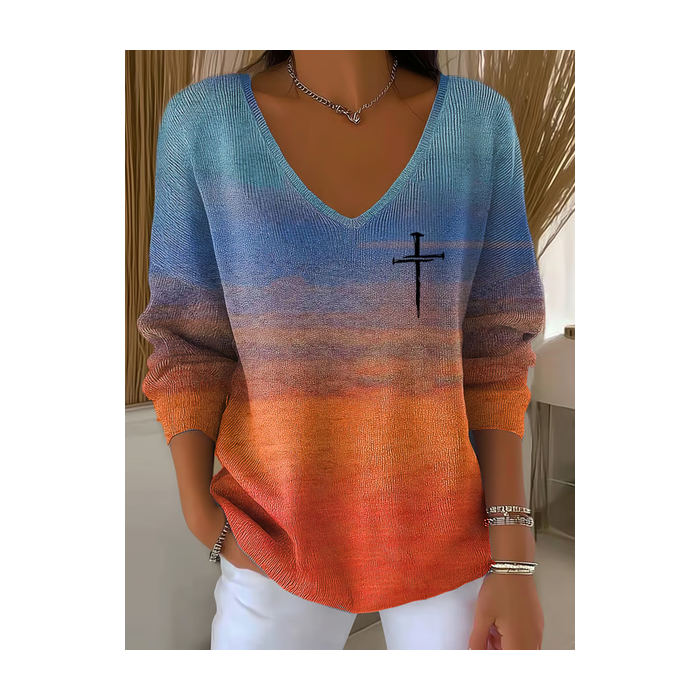 Women Abstract Long Sleeve Tee T-shirt V Neck Printing Casual Spring/Fall Top