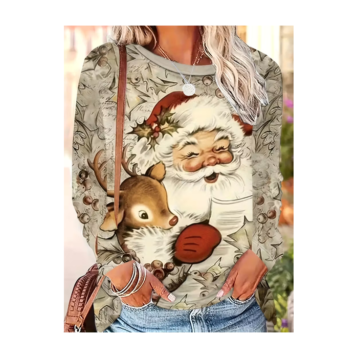 Women Santa Claus Long Sleeve Tee T-shirt Crew Neck Printing Casual Spring/Fall Graphic Tee Top