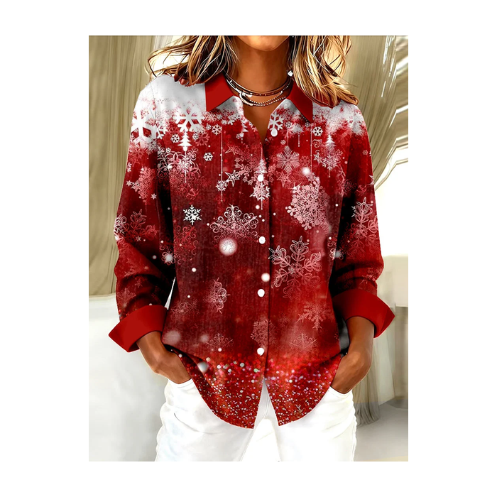 Women Christmas Long Sleeve Shirt Spring/Fall Buckle Shirt Collar Regular Sleeve Daily Casual Top