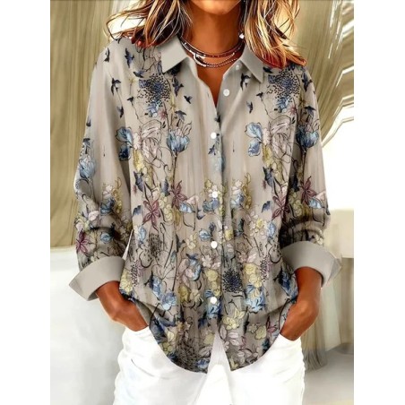 Women Floral Long Sleeve Shirt Spring/Fall Buckle Shirt Collar Regular Sleeve Daily Casual Top