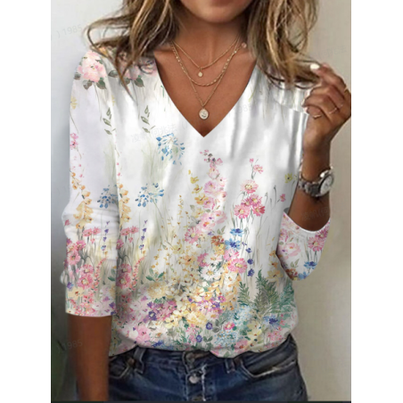 Women's Floral Long Sleeve Tee T-shirt V Neck Printing Casual Spring/Fall Graphic Tee Top
