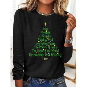 Women's T shirt Tee Black Christmas Tree Text Print Long Sleeve Christmas Crew Neck T-Shirt
