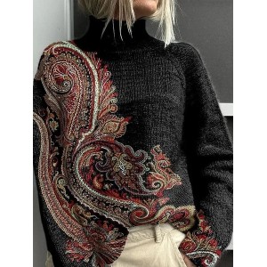 Women Ethnic Printing Spring/Fall Vintage Long Sleeve Turtleneck Sweater