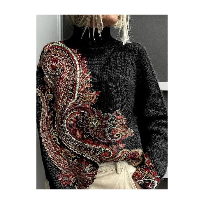 Women Ethnic Printing Spring/Fall Vintage Long Sleeve Turtleneck Sweater