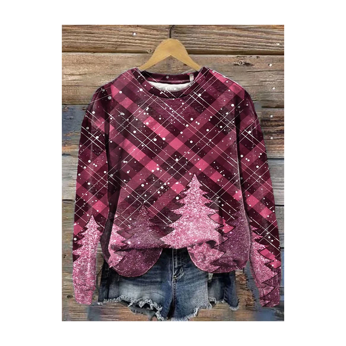 Women Plaid Crew Neck Printing Casual Spring/Fall Long Sleeve Sweatshirt