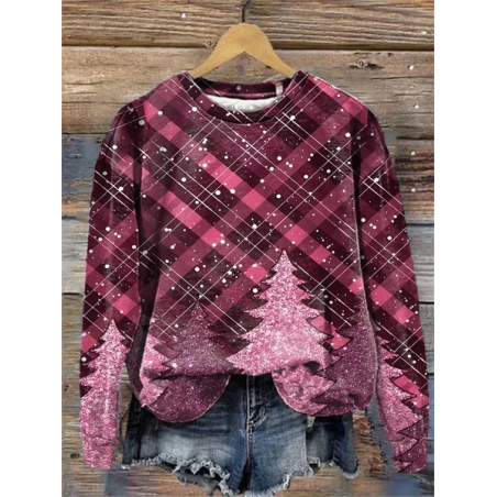 Women Plaid Crew Neck Printing Casual Spring/Fall Long Sleeve Sweatshirt
